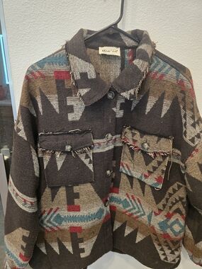 New In Aztec Print Button-Up Jacket in Brown, Teal & Red